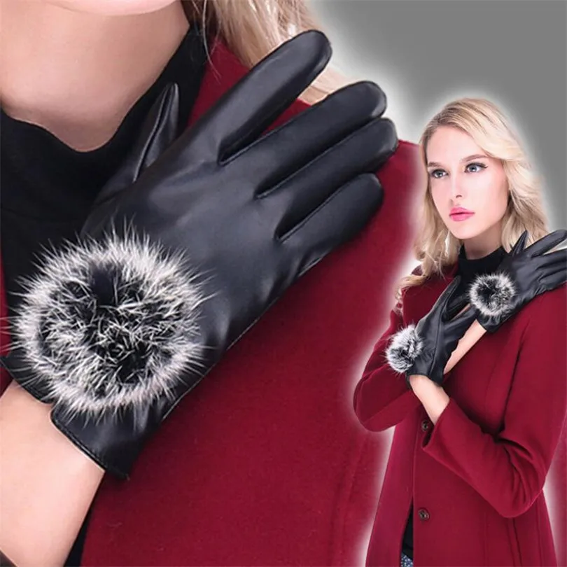 YSDNCHI зимние перчатки кожаные перчатки-митенки элегантные модные женские теплые утепленные брендовые бархатные рукавички меховые женские уличные черные перчатки - Цвет: G151 V Black
