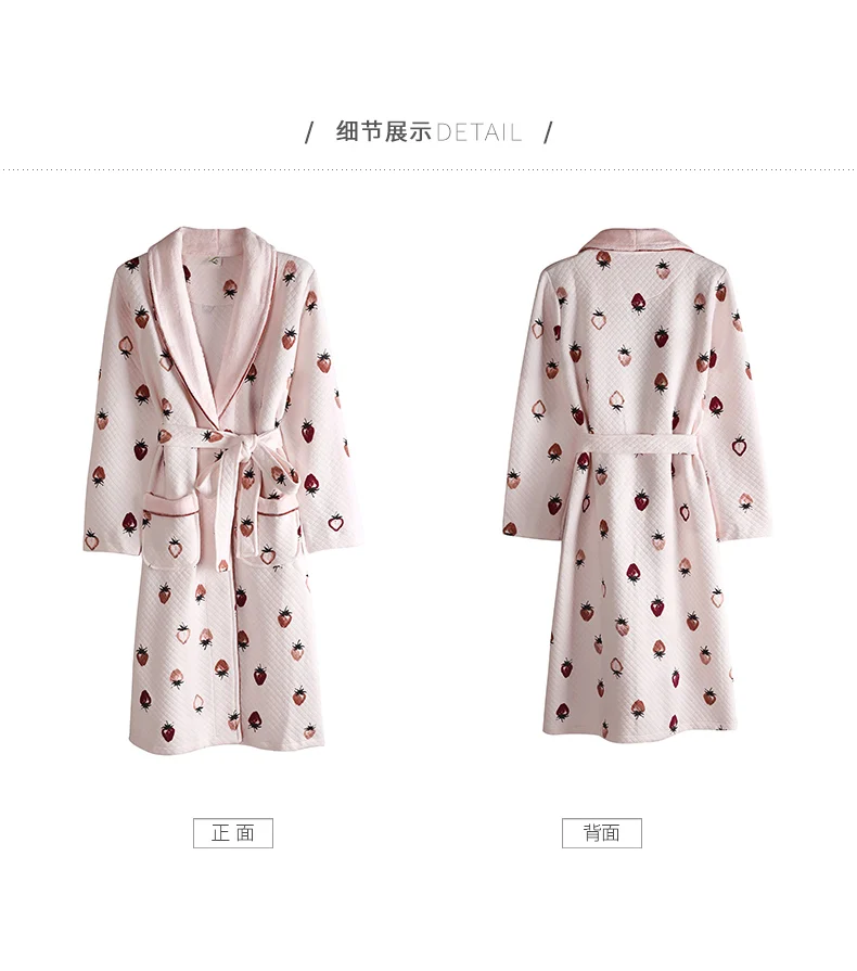 Женский халат, банный халат с длинными рукавами, зимний халат с рисунком клубники, двухсторонний халат-кимоно из хлопка