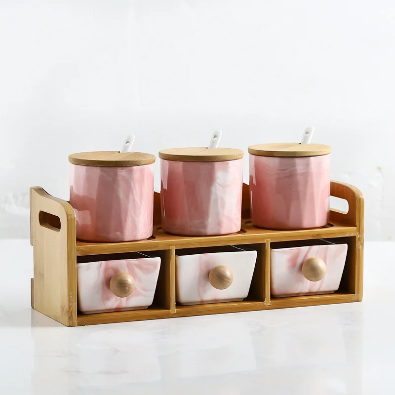 Скандинавском стиле мраморная банка для приправ двойная 6 шт. набор кухонная коробка для приправ cruet home chili солевая банка с крышкой WF1030250 - Цвет: PINK