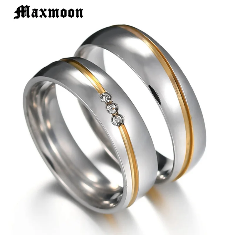 Maxmoon 2019 New Gold color Stainless Steel Wedding Bands Shiny Crystal Ring for Female Male Jewelry 6mm Engagement | Украшения и