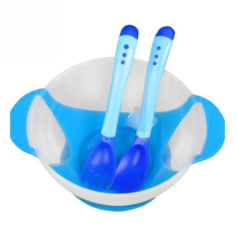 Набор для кормления детей, миска на присоске, ложка с чувствительным температурным режимом, детская посуда, Обучающие блюда, миска для еды, миска для кормления детей - Цвет: 3 PC Blue