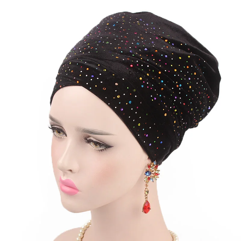 Helisopus красочный мусульманский удлиненный головной шарф, Женский Звездный бархатный тюрбан, индийские аксессуары для волос, женские головные уборы - Цвет: black