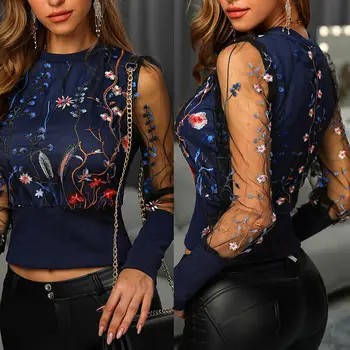 

Sexy Women Spring Fall Embroidery Floral Shirt Blouses Tops OL Elegant Mesh See Through Puff Long Sleeve Shirt Patchwork Outwear