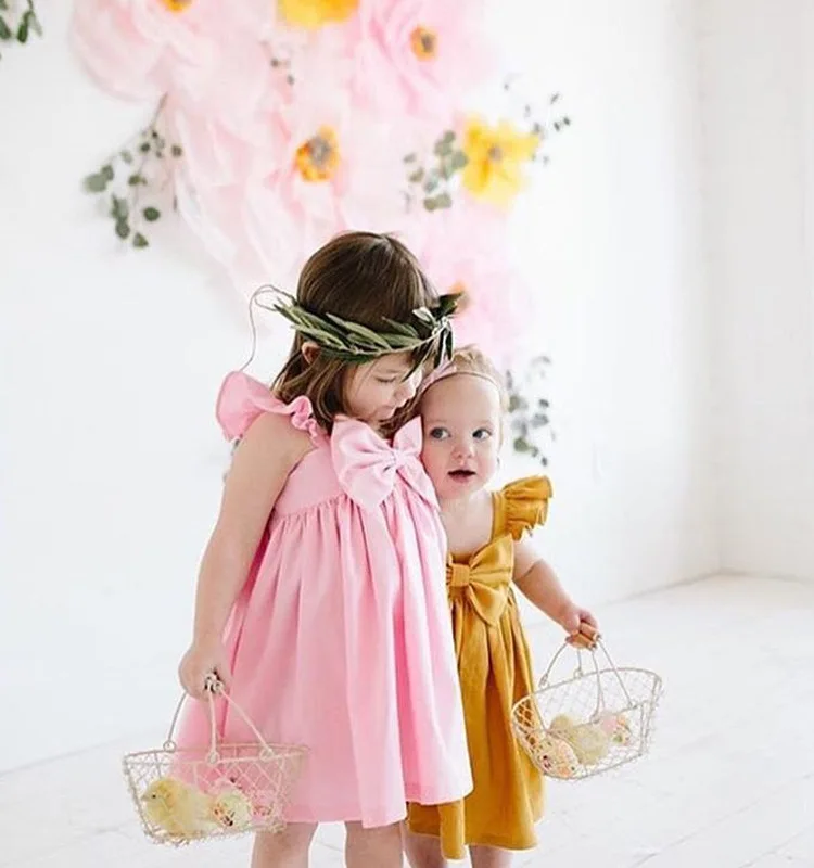 

Summer Twirl Dress Baby Girls Bow Solid Princess Dresses Trendy Clothing Kids Short Sleeve Ruffle Dancing Performce Costumes