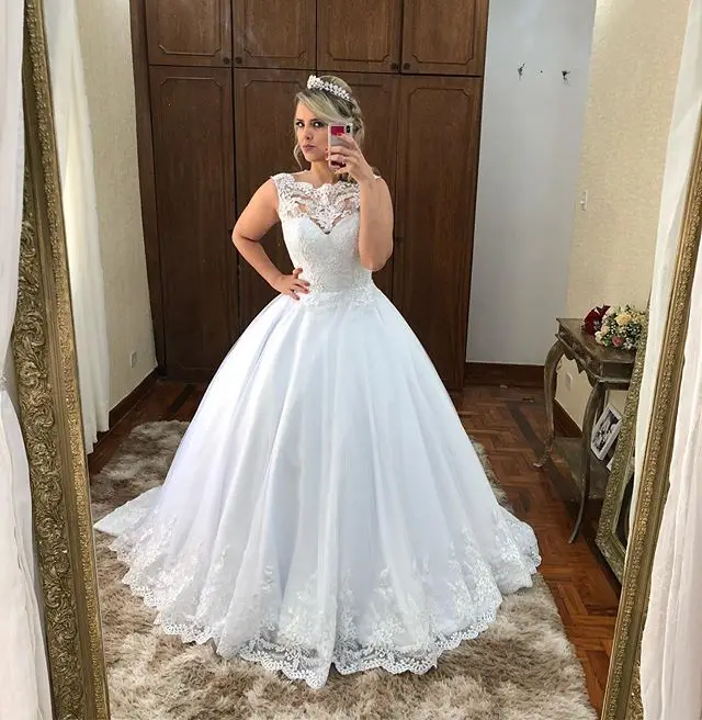

Vestido De Noiva Princesa Lace Wedding Dresses 2020 Sleeveless A Line Appliques Buttons Back Bridal Wedding Gowns Bride Dress