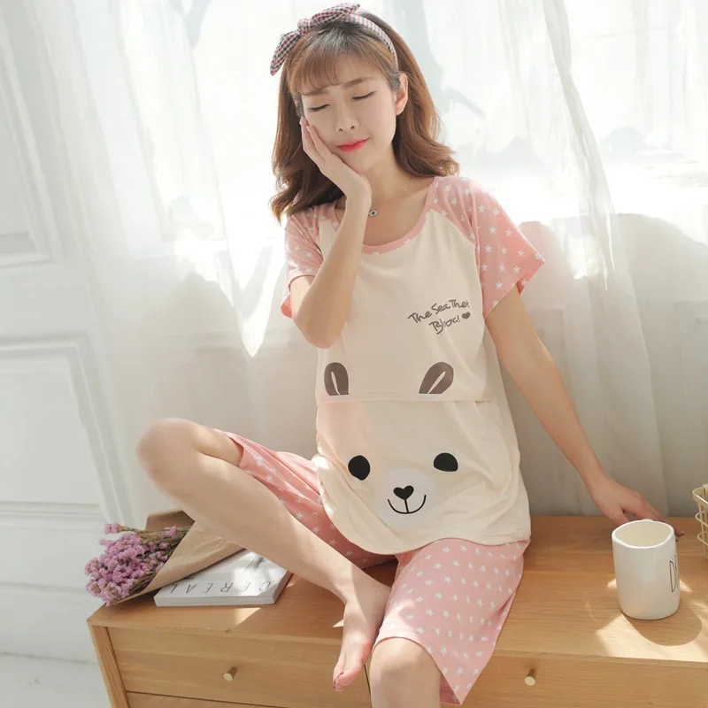 

Summer Thin Section Short Sleeve Pregnant Women Pajamas Postpartum Large Size Confinement Clothing Nursing Clothes Korean-style