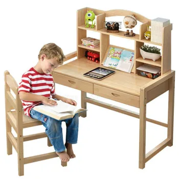 

Children's study table writing desk and chair set primary school homework can be raised and lowered solid wood simple desk