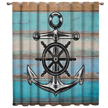 

Retro Wood With Anchor Nautical Style Bedroom Drapes Decor Swag Curtain Panels With Grommets Window Home Decor