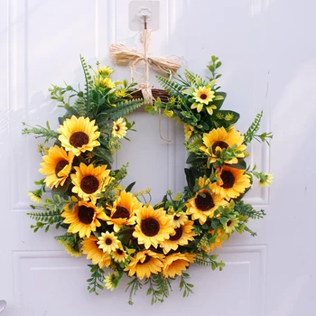 

Artificial Sunflower Wreath Flower Wreath With Yellow Sunflower And Green Leaves For Wall Wedding and Home Decoration