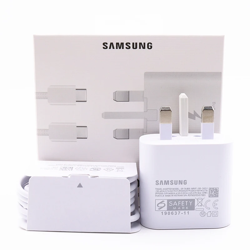 Original Samsung 25W Fast Charging Adapter UK Plug Charger Quick Type C Cable For Samsung Note 10 20 S20 + Ultra S10 A50 A90 5G quick charge usb c Chargers