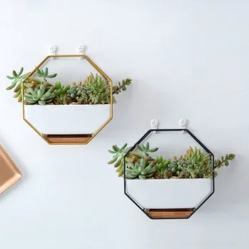 

Metal Iron Rack Ceramic Planter Pot Simple Octagonal Geometric Wall Hanging Desktop Bamboo Tray Frame Set Home Decor Black Gold