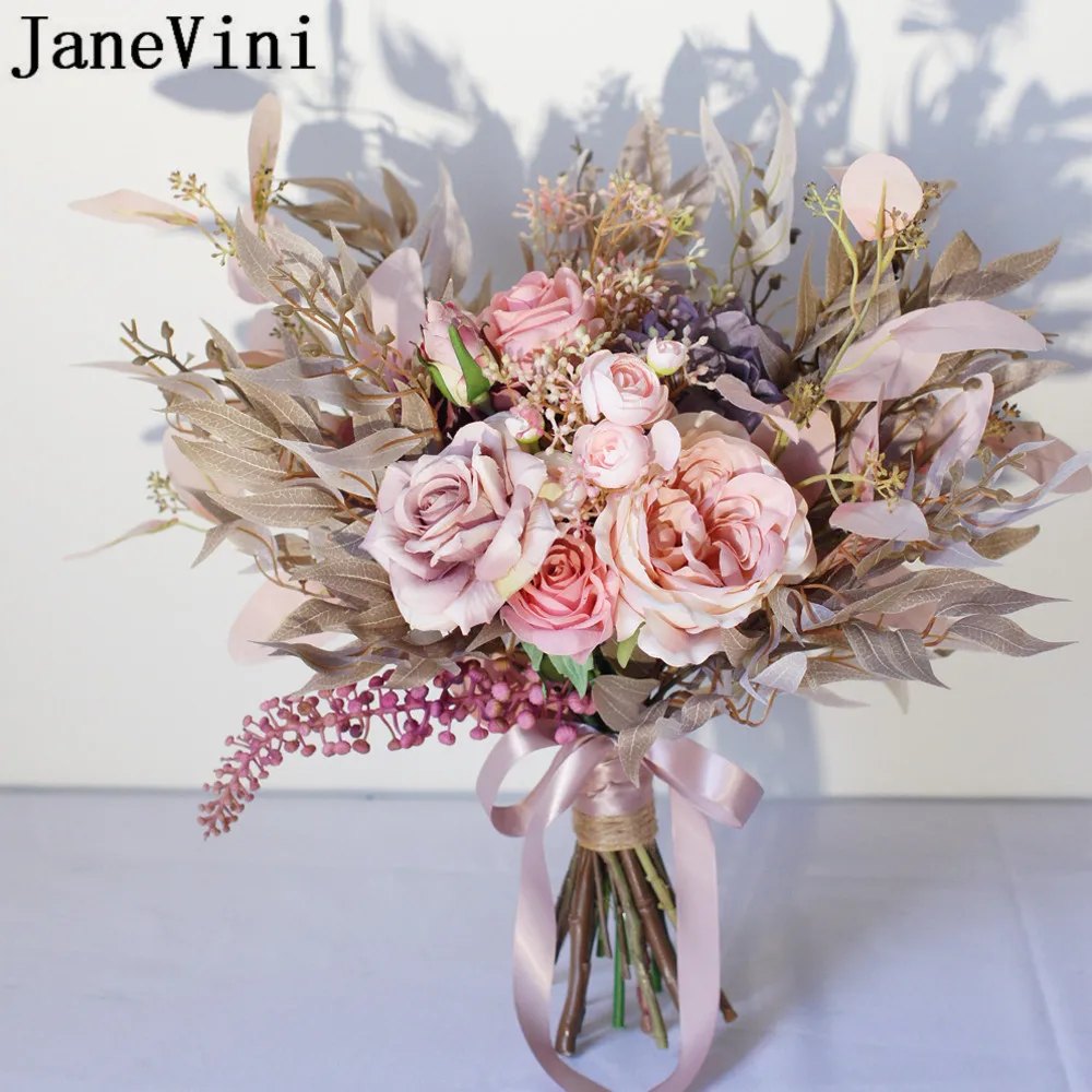JaneVini Romantic Pink Rose Wedding Flowers Bridal Bouquets 2020 Artificial Hand Holder Flower Vintage Leaves Bride Accessories