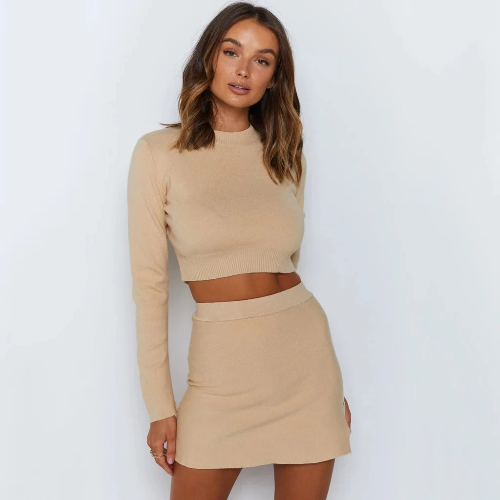 Ladies Short Skirt Two-piece Suit European And American Summer Fashion Sweater Sexy Stitching Long-sleeved Short Skirt Two-piece