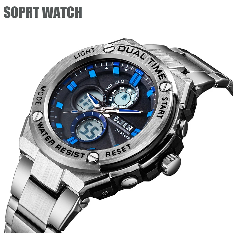 

Man Multifunction Sports Watch Stainless Steel Strap Dual Display Quartz Watches Men's Waterproof LED Digital Clock 2019 New