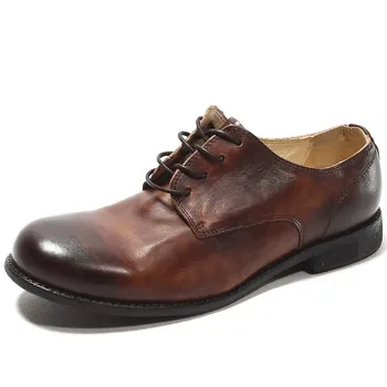 

Vintage Men Cow Italy Real Work Safety Lace Up Round Toe Office Formal Dress Shoes Genuine Leather Mocassin Homme