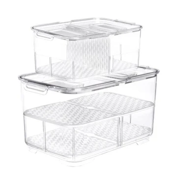 

2x Plastic Double Sealed Drain Storage Box Refrigerator Fruit Vegetable Drain Storage Containers with Lid M & L