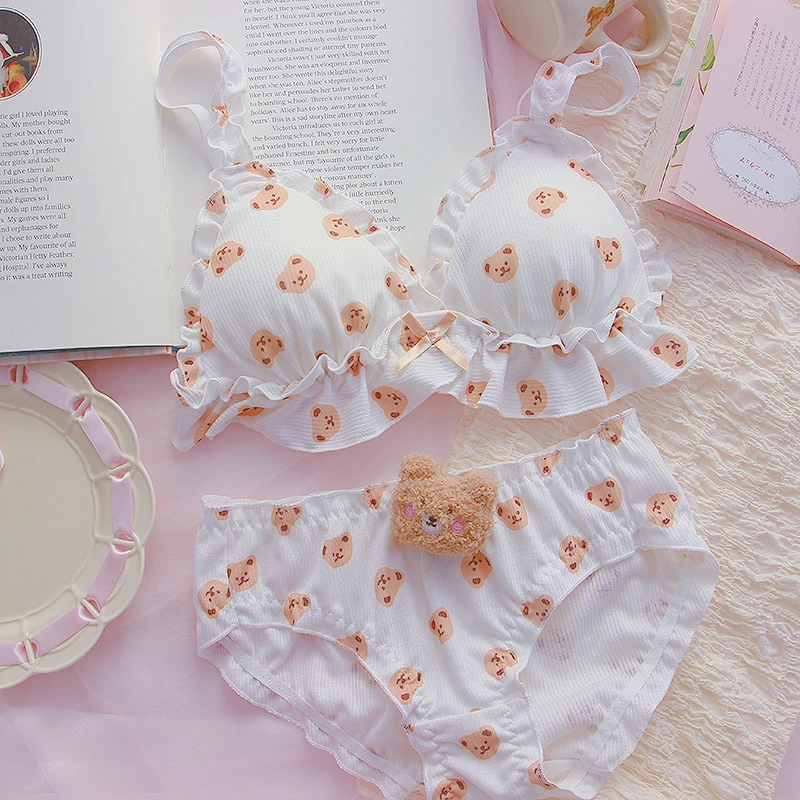 lace underwear set Little Bear Bra and Panty Set Kawaii Lolita Push Up Bra Padded Cartoon Japanese Girl Soft Cute Underwear Thin Bras Bralette Set sexy underwear sets