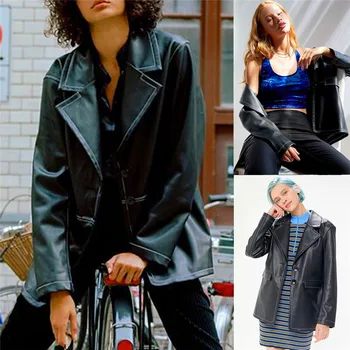 

HOT Autumn Vintage Leather Bomber Jacket Women Motorcycle Bike Lapel Short Coat Lapel Pocket Lady Elegant Slim Bodycon Casual