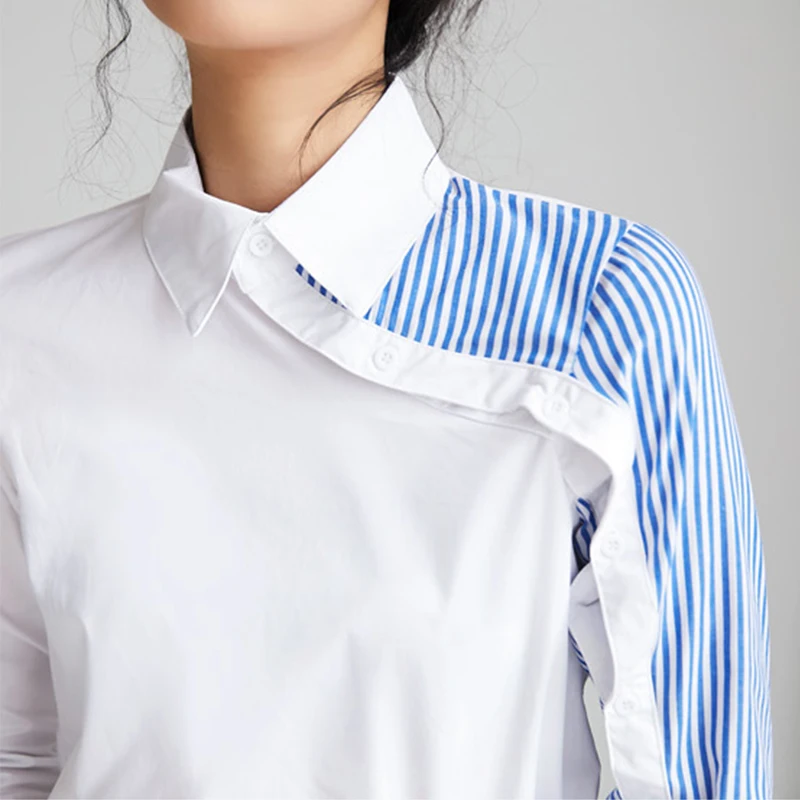 New Arrival Women Turn Down Collar White Shirt Blouse Striped Patchwork Elegant Chic Korean Style Feminina Blusa T9O908F