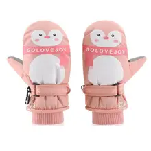 Детские Водонепроницаемые перчатки с рисунком пингвина для мальчиков и девочек двухслойные ребристые манжеты регулируемые противоскользящие зимние лыжные ветрозащитные варежки От 7 до 12 лет