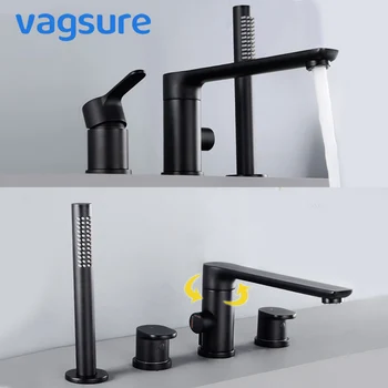 

Black Brass Waterfall Bathtub Faucet Deck Mounted for Massage Bathtub Bathroom Single/Dual Handle Mixer Tap With Hand Shower