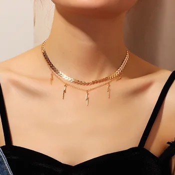 

Fashion New Simple Lightning Pendant Necklace for Women Double Layer Gold Color Clavicle Chain Fashion 2020 Tassel Jewelry