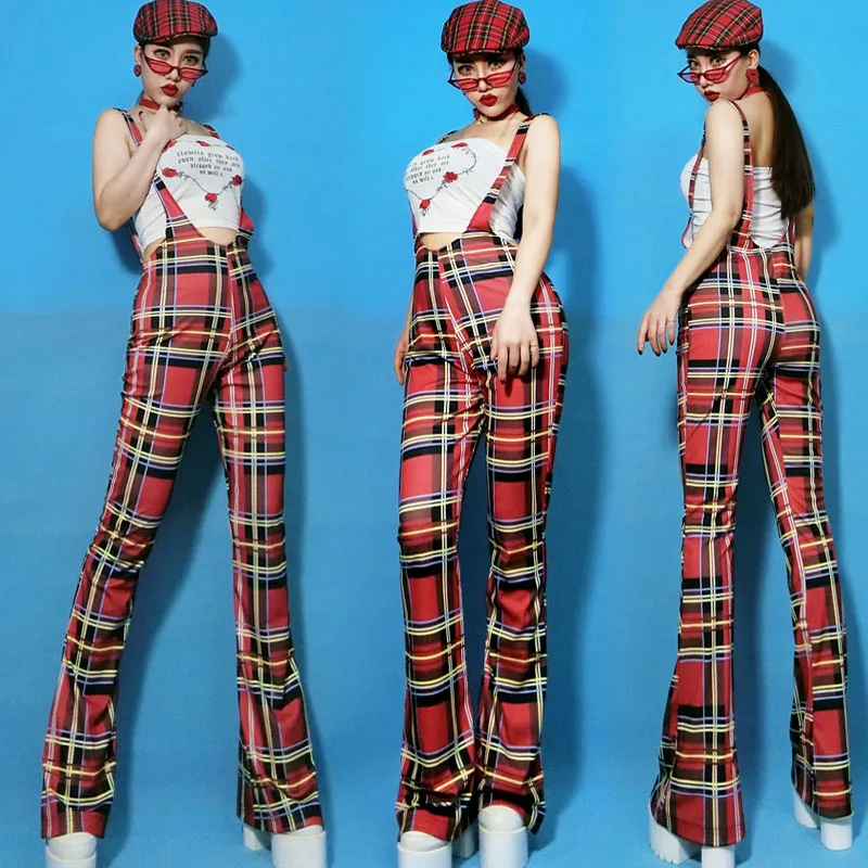 

Jazz Costumes Women Nightclub Female DJ Bar DS Singer Performance Clothing Rave Outfit Red Plaid Bib Pants Stage Wear DNV12515