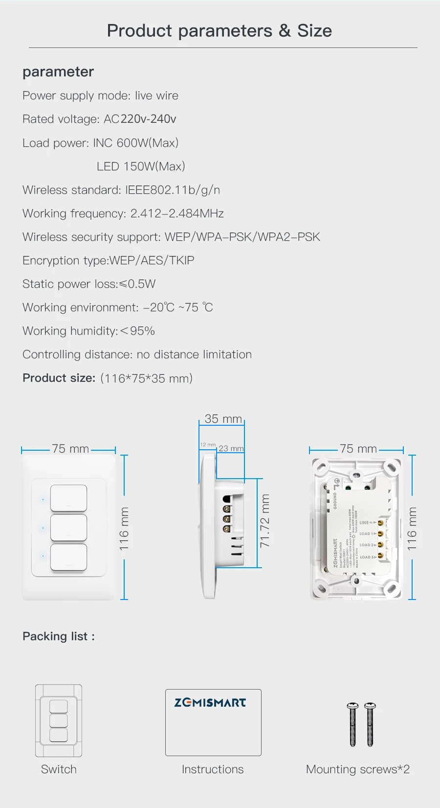 Parede, Botão Neutro Opcional, 1 Gang, 2