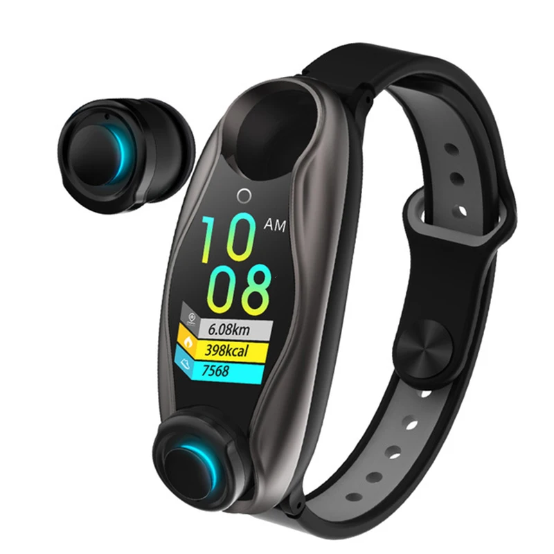 Фитнес-Браслет беспроводные наушники 2 в 1 Bluetooth 5,0 чип IP67 водонепроницаемые спортивные Смарт-часы для Android IOS Телефон - Цвет: Black gray