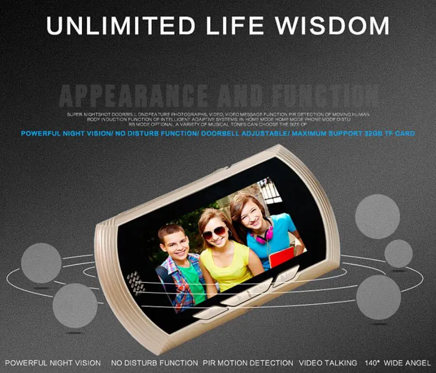 4.3 Inch Smart Digital Door Viewer Camera Door Eye Video Record Peephole Viewers IR Night Vision PIR Motion No Disturb Doorbell