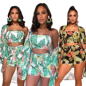 

Summer Autumn Women Three piece sets Casual Cotton Print Tops + Shorts Elastic Waist Straight Shorts Suit Set 3 Piece Set