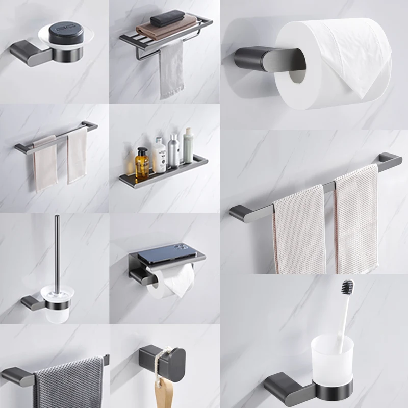 Gunmetal Gun Black Grey Bathroom Accessories Brush Holder Double Towel Bar Hanger Paper Shelf Robe Hook Tumbler Set | Обустройство