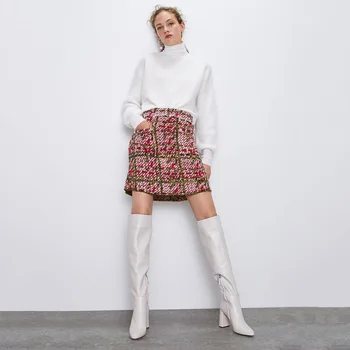 

ZA Autumn New Skirt 2019 Ladies Fashion Contrast Color Stitching Casual Plaid Pearl Knit Mini Skirt Travel Party Gift Wholesale