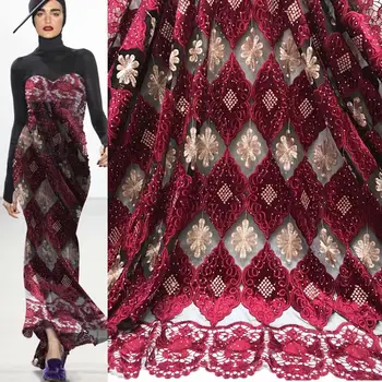 

Nigerian Tulle Mesh Lace Fabric Wine Red Gold Line Velvet Lace Fabric High Quality Rhinestones Lace Fabrics African Lace Fabric