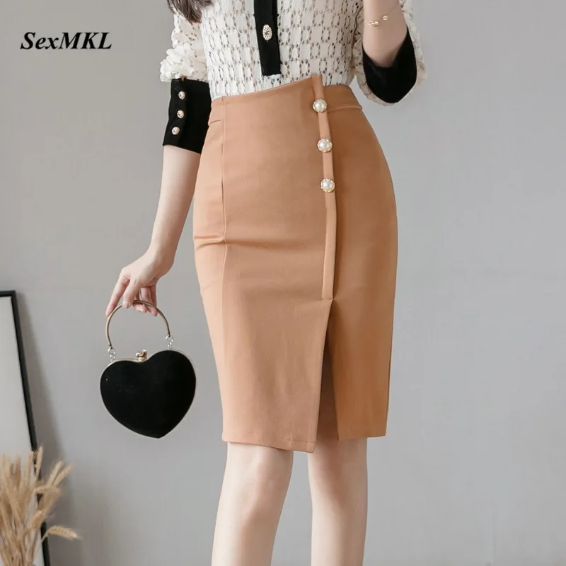 Faldas elegantes de gran tamaño mujer, Falda de tubo negra de cintura alta a la moda, ropa coreana, falda Sexy roja con botones para oficina - AliExpress