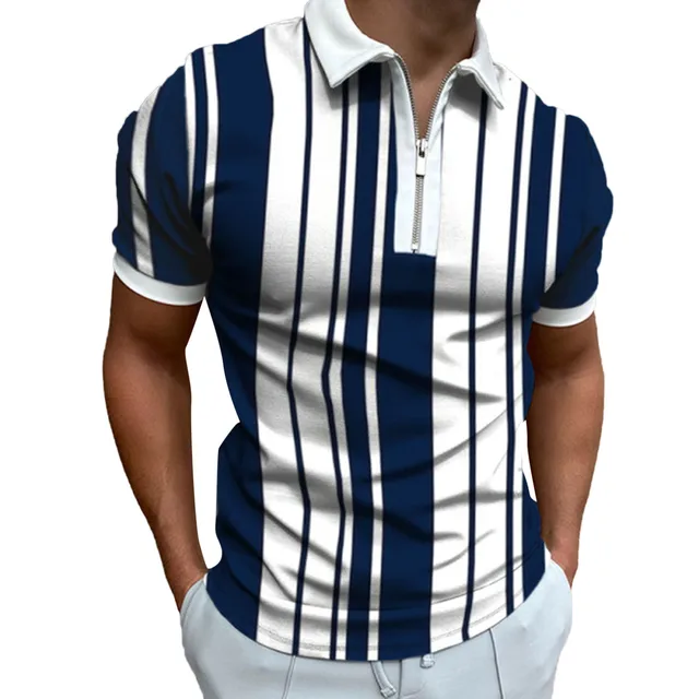 2022 New Summer Men s Polo Shirt Stripe Short Sleeve Polo Shirts Brand Men Zipper Neck