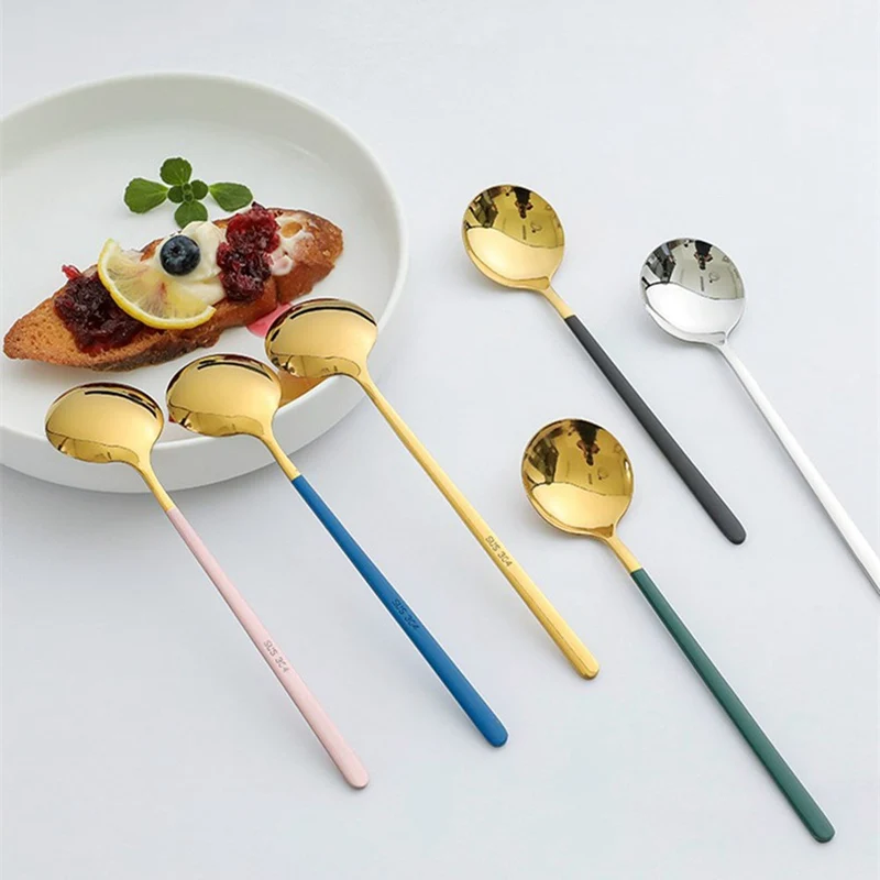 

Colorful Long Handle Tea Spoons Stainless Steel Small Coffee Spoons Gold Tableware Cutlery Unique Gold Small Dessert Spoon