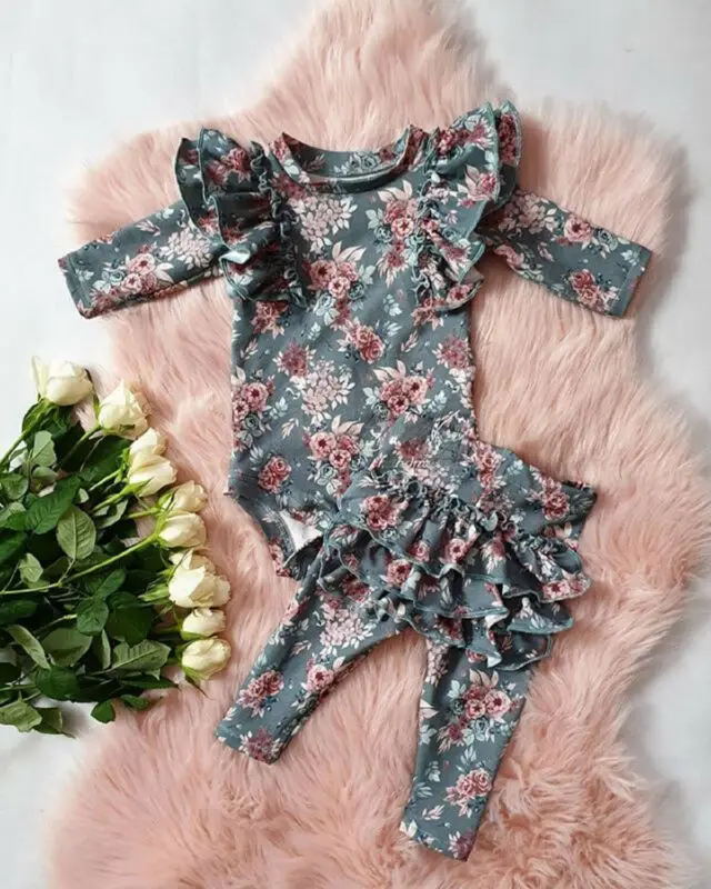 Хлопковая одежда с цветочным рисунком для новорожденных девочек Комбинезон, топ, леггинсы с оборками, штаны осенне-зимняя теплая одежда повседневная одежда для детей от 0 до 18 месяцев