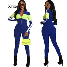 Color Block Splice Bodycon Jumpsuit Women Tracksuit Casual Fitness Body Overalls One Piece Long Sleeve Rompers Overol Mujer red