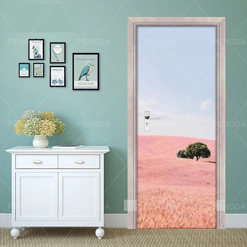 Wall Art Decal On Door New Sticker 3D Self Adhesive Tree Landscape Renovation DIY Wallpaper Prints Picture For Home Door Decor