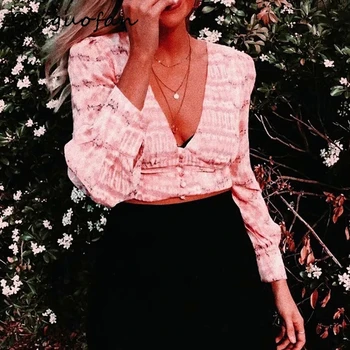 

Miguofan pink blouse shirts women print crop blouse button long sleeve sexy v neck blouse shirts vintage shirts female blusas