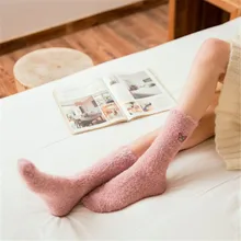 Женские однотонные вышитые носки с бабочками, уютные коралловые бархатные носки, зимние толстые теплые носки для сна, домашние Пушистые Носки