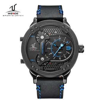 

WEIDE Mens Sport Watch Leather bracelet Quartz 3 Time Zone Man Black Military Wristwatches Fashion Waterproof relogio masculino