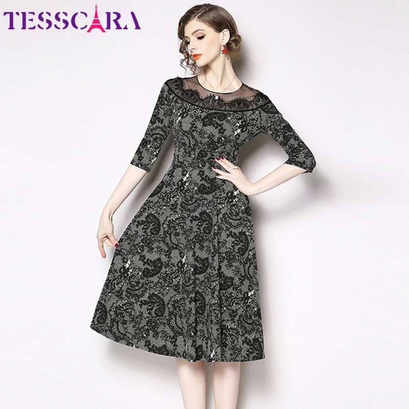 TESSCARA, женское осеннее элегантное платье, праздничное, женское, высокое качество, винтажное, кружевное, дизайнерское, Vestidos, модное, офисное, для девушек, вечерние, Халат