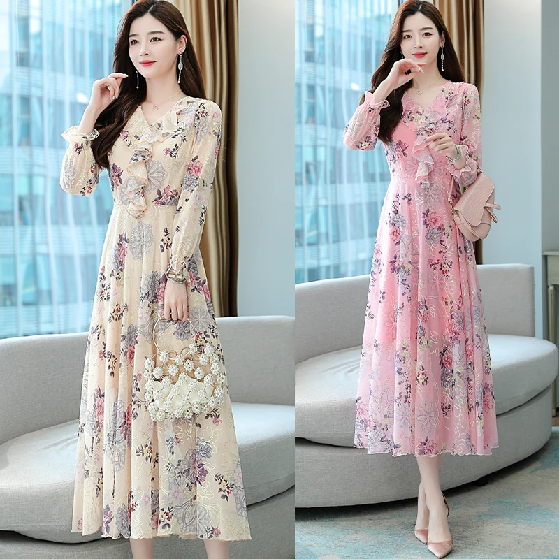 Women Pink Floral Chffon Embroidery Maxi Dress Autumn Winter