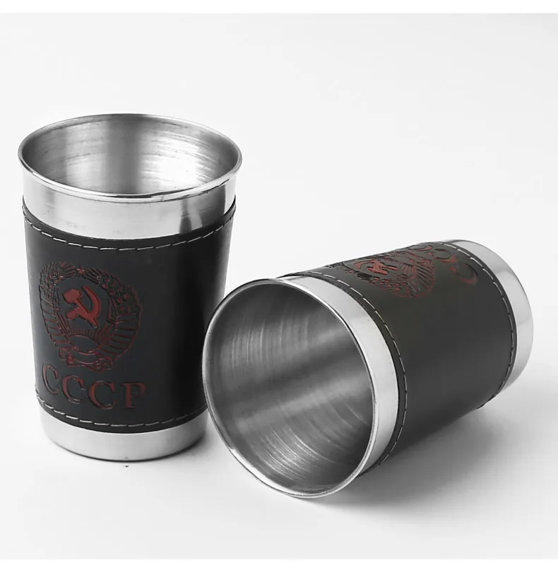 4Pcs CCCP Stainless Steel Wine Glasses Shot Cup Drinking Portable Mug Leather Cover Bag Case Outdoor Hip Flask Bar Sets