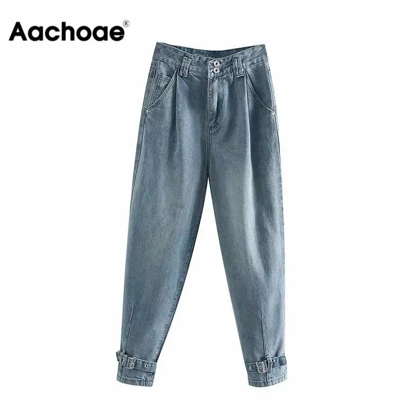 

Aachoae Women Harem Jeans Boyfriend Casual Loose Mom Jeans Long Trousers Cowboy Female Loose Streetwear Blue Denim Pants Bottoms