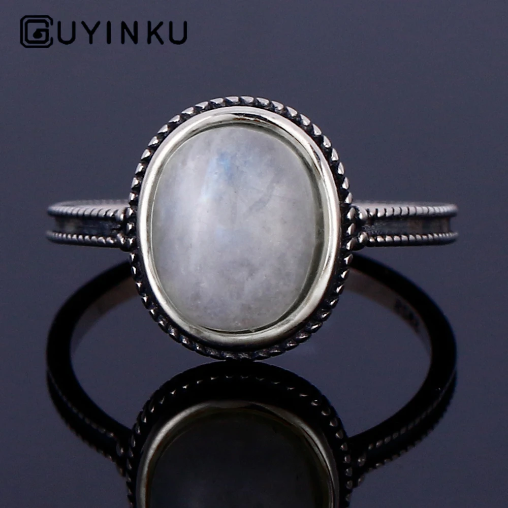 

100% 925 Sterling Silver Ring Oval 8*10MM Natural Moonstone Ring Vintage Gemstone Ring Female Party Anniversary Wholesale