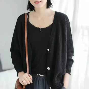 

Women Knitted Solid Color Cardigan Coat Autumn Winter Casual V-Neck Long Sleeve Crochet Knit Sweater Coat Female Coat