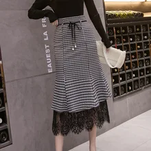 Осень и зима новое поступление длинная юбка с высокой талией для похудения прошитая кружевная шерстяная клетчатая юбка рыбий хвост